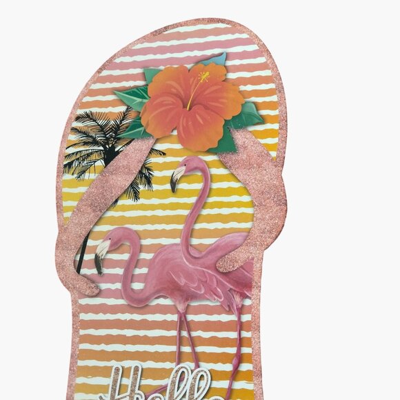Hello Summer Flip Flop  Sign Tropical Pink Flamingos Luau Beach Patio Pool - Picture 3 of 8